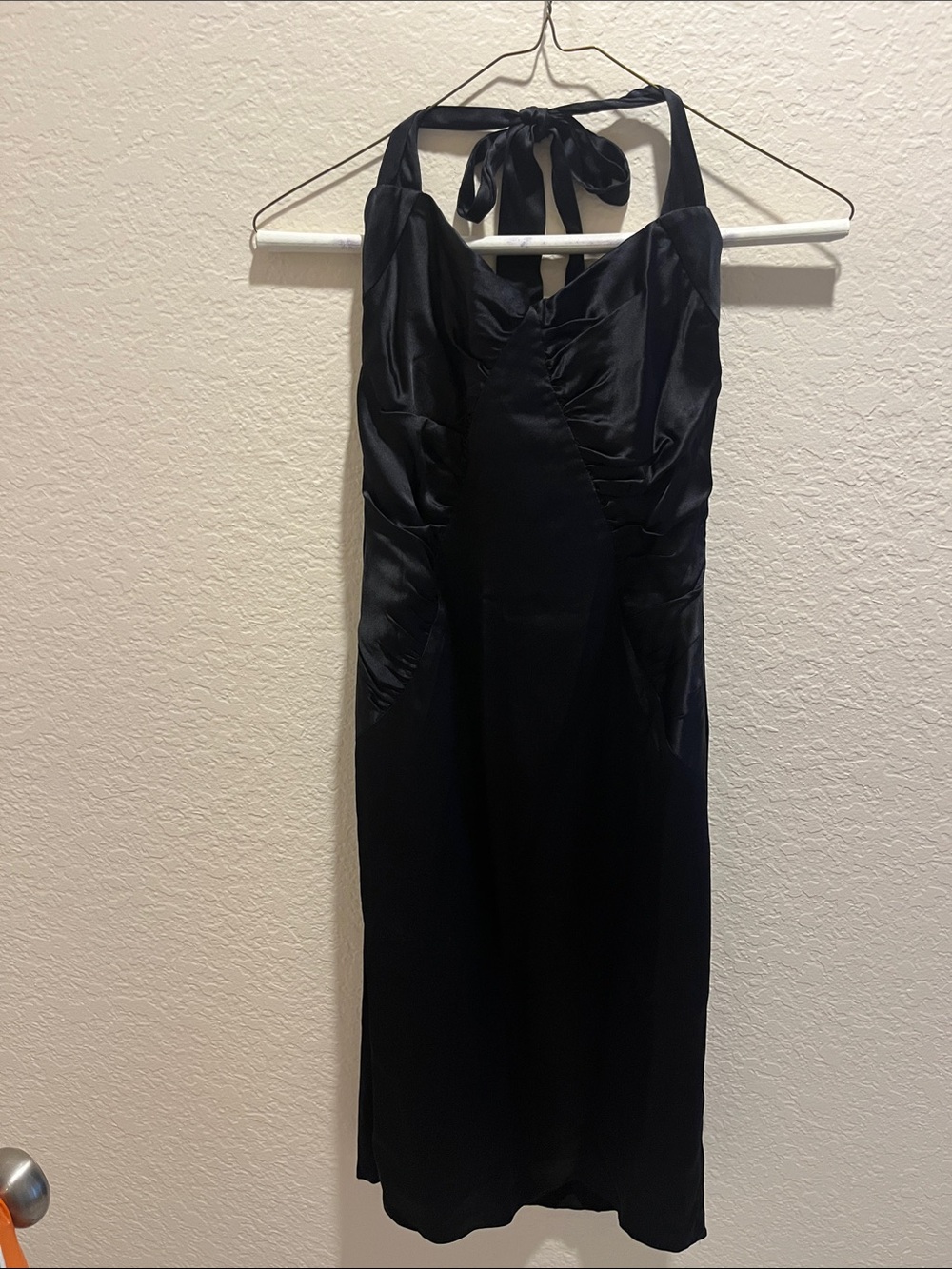 Betsey Johnson Black Satin Halter Ruched Midi Dress